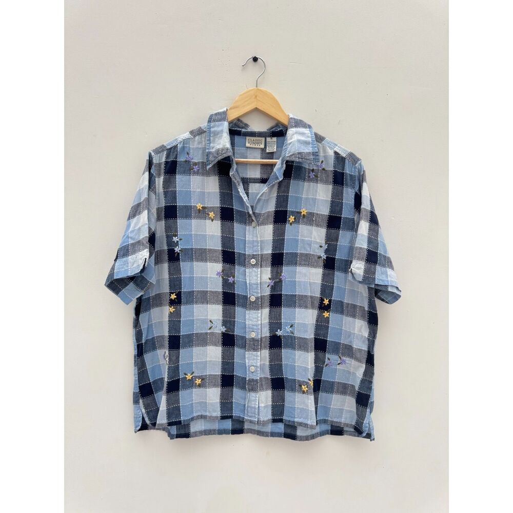 Classic Elements Woman Plus Size 18 Cotton Embroidered Plaid Shirt Blue 1X